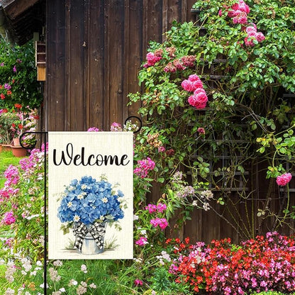 Blue Hydrangeas Spring Garden Flags for Outside,Welcome Spring Yard Flag for Porch Lawn Outside Decor 12x18 Inch Double Sided