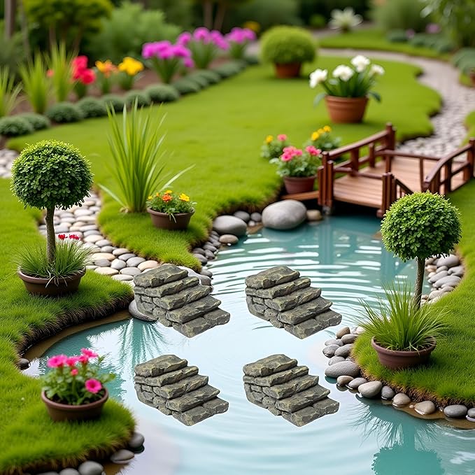 4 PCS Miniature Stone Steps Artificial Decor Craft Home Fairy Garden Flower Pot Miniature Bridge Ornament Garden Stairs Accessories Outdoor Statues