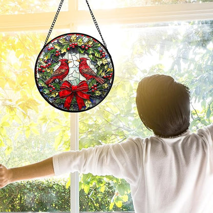 DASTOLL Stained Glass Window Hanging - Cardinals Green Wreath Suncatcher for Doors Home Christmas Decoration Red Bird Sun Catcher Thanksgiving New Year Birthday Gift for Women Men Mom Nana 7.8 in