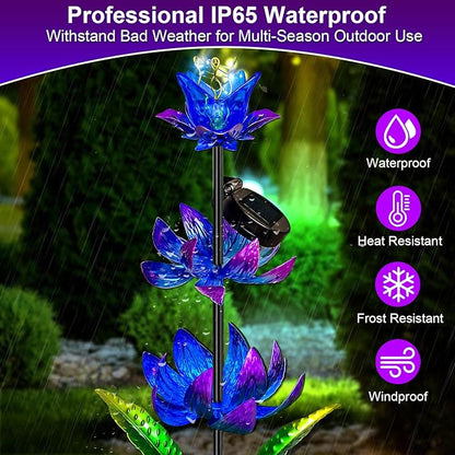 Solar Wind Spinner Outdoor, 63 Inch Metal Wind Spinner Yard Art with LED Lights, Three-Layer Flower Design Pinwheels for Yard and Garden Decor, Solar Garden Decor
