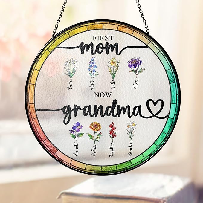 Personalized First Mom Now Grandma Birth Flower Stained Glass Window Hanging Ornament, Custom Birth Month Flowers with Kids’ Names, Floral Art Decoration, for Mom Grandma