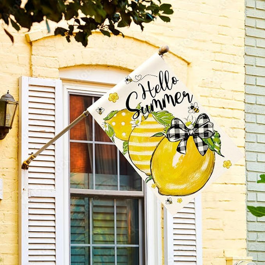 AVOIN colorlife Hello Summer House Flag 28x40 Inch Double Sided Outside, Lemon Bee Rustic Seasonal Yard Outdoor Flag