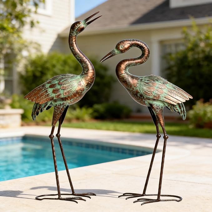 Shorayn Garden Crane Statues, Blue Heron Sculptures for Outdoor, Cranes Decor Metal Bird, Patina Garden Art Lawn Ornaments for Yard Patio Porch Outside Decorations