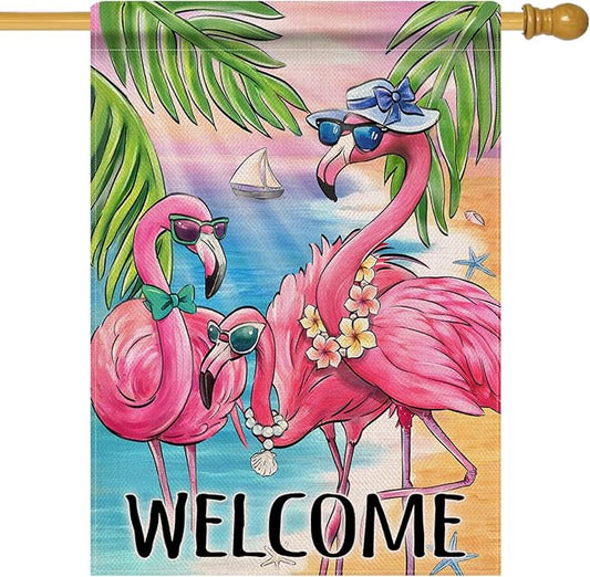 Dyrenson Welcome Summer Flamingo 28 x 40 House Flag Double Sided, Beach Coastal Tropical Palm Leaves Garden Yard Decoration, Hawaii Nautical Seasonal Burlap Outdoor Décor Decorative Large Flag