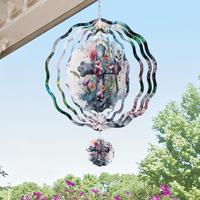 Cross Wind Spinners Outdoor - 3D Christian Christmas Winter Wind Spinner for Yard Patio Ornament Garden Decor, 12 Inch Hanging Kinetic Metal Wind Spinners Xmas Merry Gifts for Mom