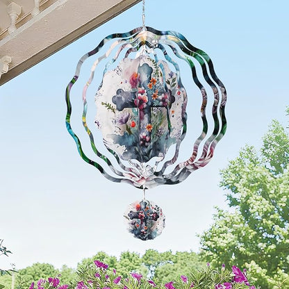 Cross Wind Spinners Outdoor - 3D Christian Christmas Winter Wind Spinner for Yard Patio Ornament Garden Decor, 12 Inch Hanging Kinetic Metal Wind Spinners Xmas Merry Gifts for Mom