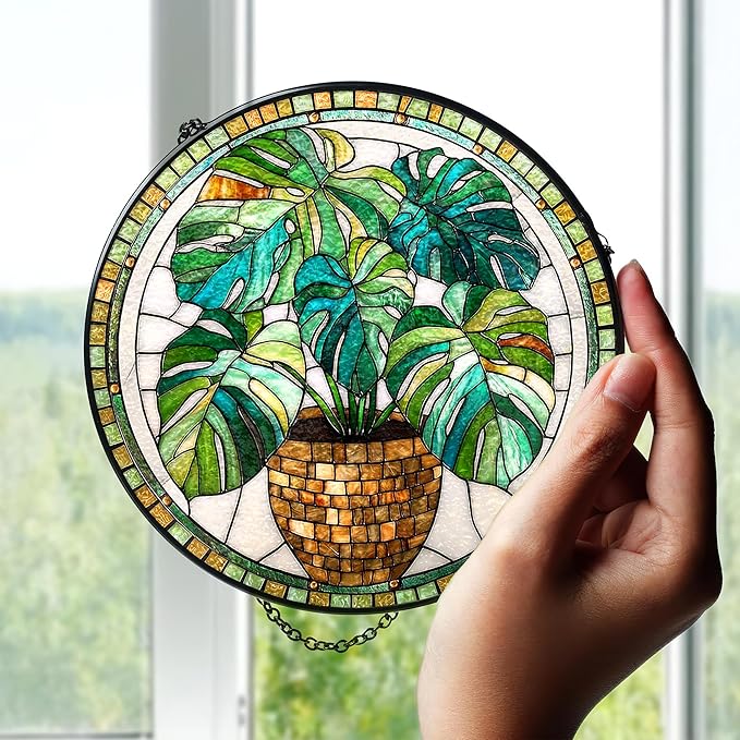 7.8" Green Plant Suncatcher Stained Glass Window Hanging Monstera Plants Sun Catchers Nature Ornaments Wall Art Garden Home Room Yard Door Decor Birthday for Women Mom