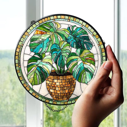 7.8" Green Plant Suncatcher Stained Glass Window Hanging Monstera Plants Sun Catchers Nature Ornaments Wall Art Garden Home Room Yard Door Decor Birthday for Women Mom