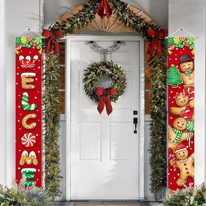 Ivenf Christmas Decorations Outdoor Yard: Cute Gingerbread Man Front Porch Sign Set, Hanging Red Brown Welcome Door Banner Xmas Decorations for Home, Wall Front Door Yard Garage Indoor Outdoor Décor