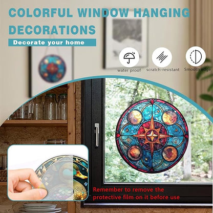 Acrylic Window Hanging,Compass Star Stained Window Hanging Decor Colorful Ornament,Stained Two-Sided Panel Hangings Decoration,Suncatcher for Garden Kitchen Living Room