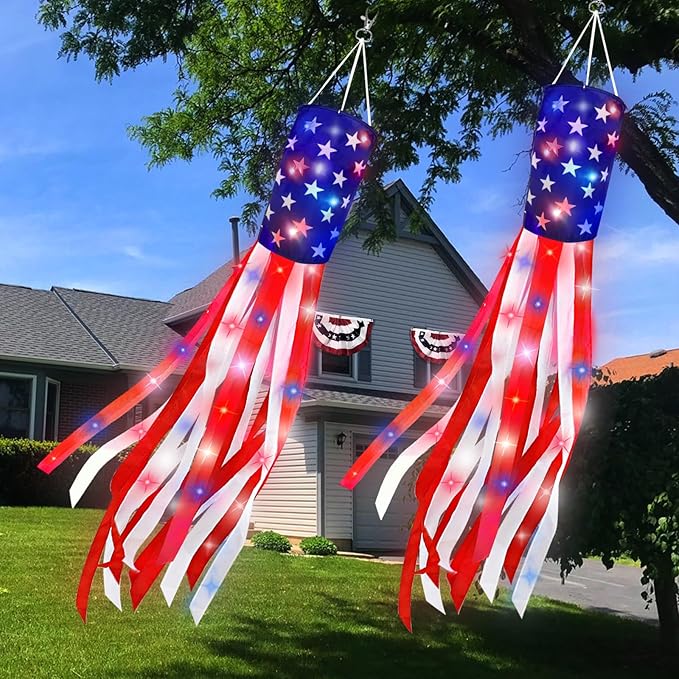 2 Pack 60 Inch American Flag Windsock with Red White Blue LED Lights, 250th Anniversary USA 4th of July Decorations Wind Socks for Outside, Patriotic Memorial Day Independence Day Decor