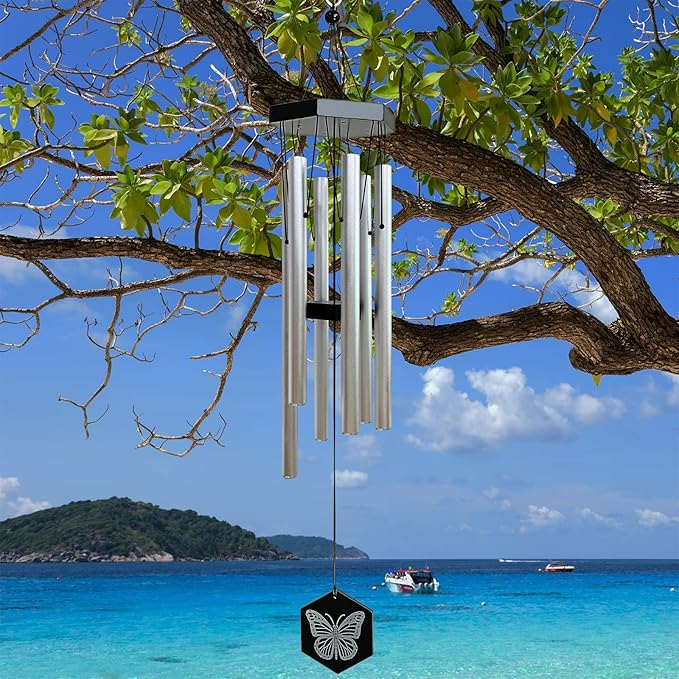 FONMY Wind Chimes Outdoor w/Butterfly Sign Memorial Windchimes Great Wind Chime Gifts Soothing Melodic Tones & Bamboo/Aluminum Chime for Garden Home or Yard-31 Length Silver Chimes Hanging Decor.