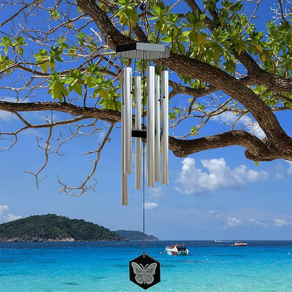 FONMY Wind Chimes Outdoor w/Butterfly Sign Memorial Windchimes Great Wind Chime Gifts Soothing Melodic Tones & Bamboo/Aluminum Chime for Garden Home or Yard-31 Length Silver Chimes Hanging Decor.