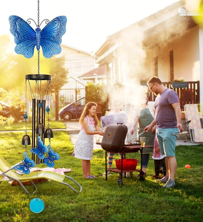 CoTa Global Blue Garden Butterfly Wind Chime - Handmade Glass and Metal Chime - Hanging Decor - Colorful Home Decor Gift, Indoor and Outdoor Hanging Decoration For Porch, Patio, and Garden - 35 Inches