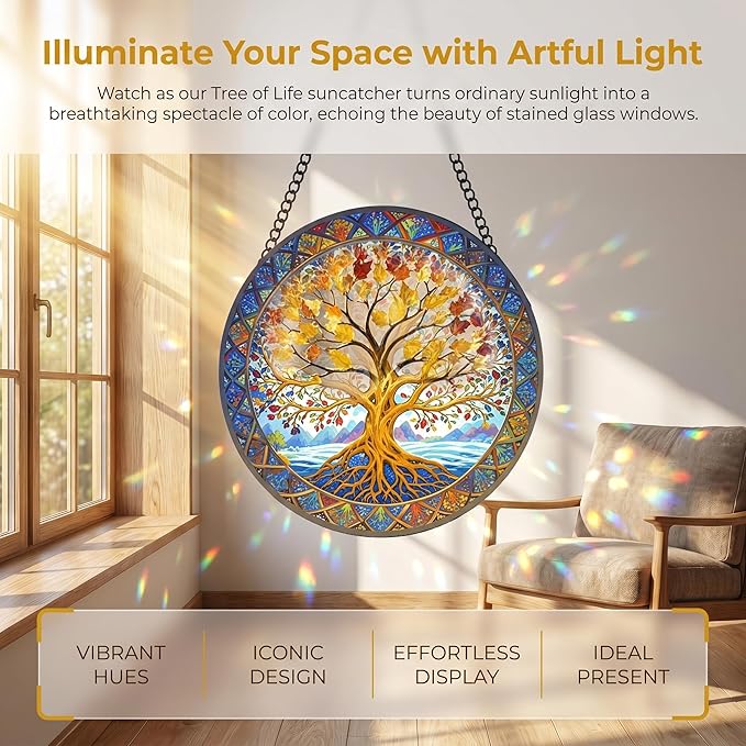 Stained Glass Window Hanging Tree of Life Suncatcher 8 Inch, Indoor Outdoor Wall Art Home Decor, Sun Catchers, Birthday for Women Men