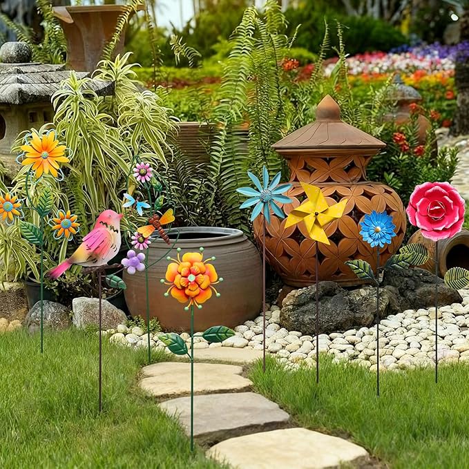 8 Pcs Metal Flower Garden Stakes for Outside Outdoor 14" Spring Wildflowers Metal Signs Waterproof Decorations Bird Dragonfly Windmill Landscape Ornament for Lawn Yard Garden Patio Porch Art