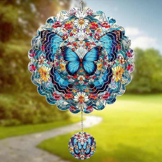 MXJSUA Blue Butterfly Wind Spinners for Indoor Outdoor Garden Decoration, 12 Inch Flowers Stainless Steel Hanging Wind Spinners Ornaments Crafts for Gifts