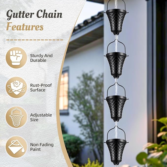 Tfro & Cile Rain Chain Black Gutter Downspout Catcher Outside Water Diverter Decorative Garden Rain Cups Chime Home Decor - 8 1/2 Feet Long