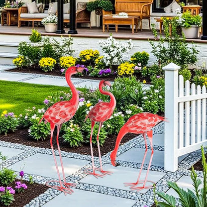 3 Pcs Pink Flamingo Garden Statues, Metal Flamingo Birds Yard Art Outdoor Statue for Home Patio Lawn Balcony Backyard Decor