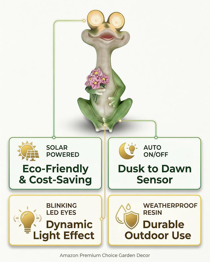 iStatue Solar Frog Garden Statue with Blinking Light-Up Eyes, Resin Outdoor Garden Decor Frog Holding Flowers, Waterproof Animal Figurine for Patio Lawn Yard Porch Balcony (Green)