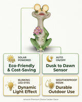iStatue Solar Frog Garden Statue with Blinking Light-Up Eyes, Resin Outdoor Garden Decor Frog Holding Flowers, Waterproof Animal Figurine for Patio Lawn Yard Porch Balcony (Green)