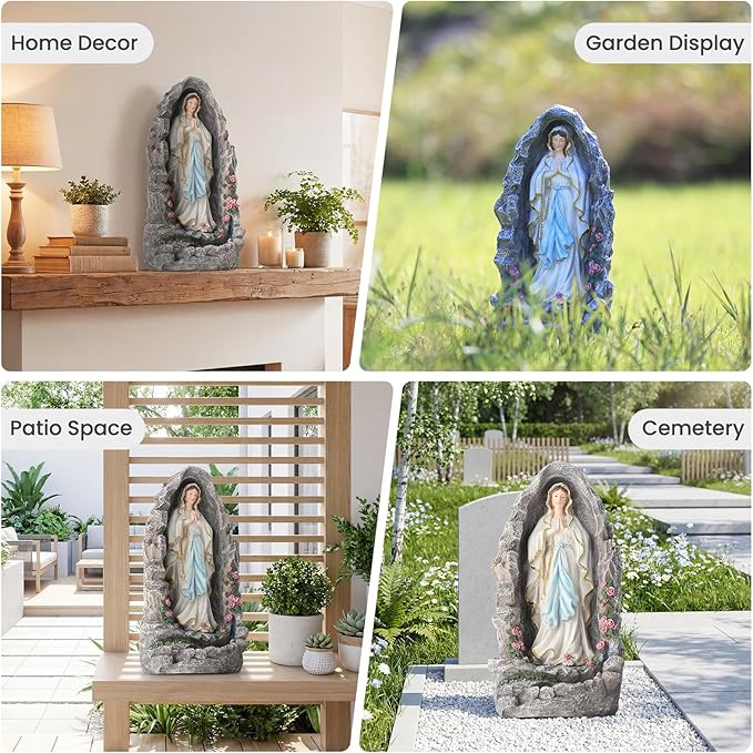 EROMMY Our Lady of Lourdes Statue 17.3 Inch Virgin Mary Grotto Figurine Catholic Praying Sculpture for Garden Home Patio Religious Decor