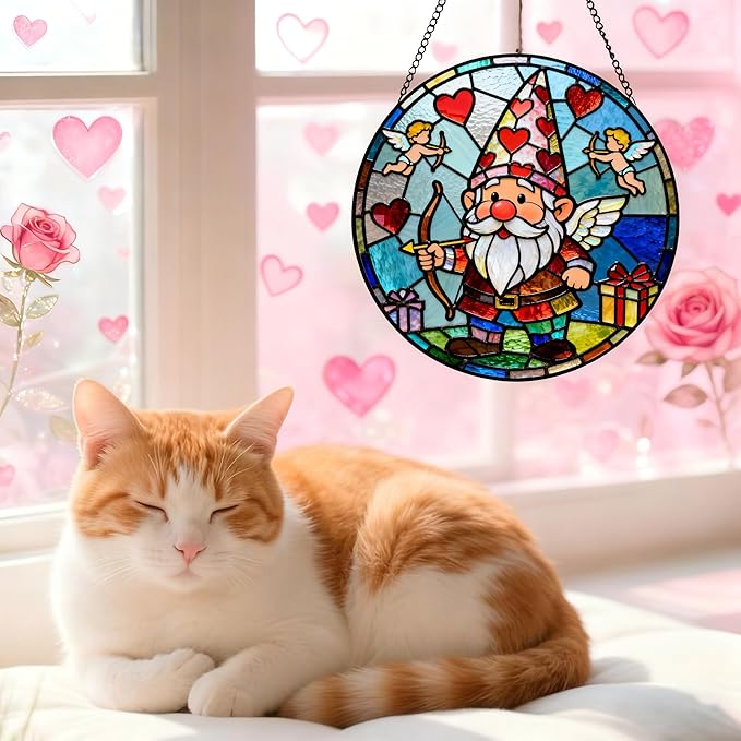 Funoasis Romantic Valentine's Day Stained Glass 6.3 Inches Suncatcher - Cupid Arrow and Heart Ornaments Window Hanging Gift for Her & Him