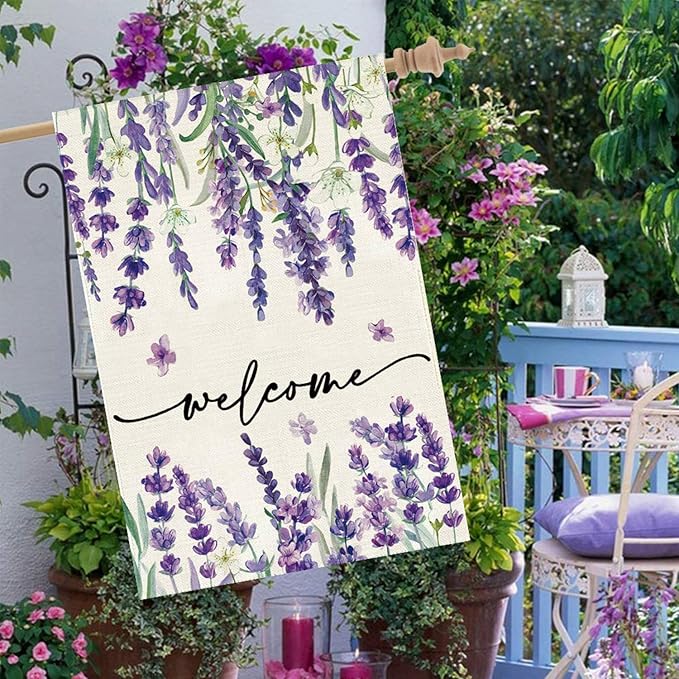 Baccessor Spring Summer Welcome Floral House Flag 28 x 40 Inch Vertical Double Sided Burlap Lavender Purple Flower Farmhouse Easter Yard Flag Holiday Seasonal Yard Outdoor Outside Decoration