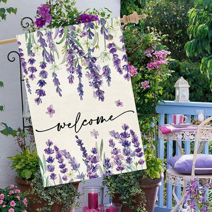 Baccessor Spring Summer Welcome Floral House Flag 28 x 40 Inch Vertical Double Sided Burlap Lavender Purple Flower Farmhouse Easter Yard Flag Holiday Seasonal Yard Outdoor Outside Decoration