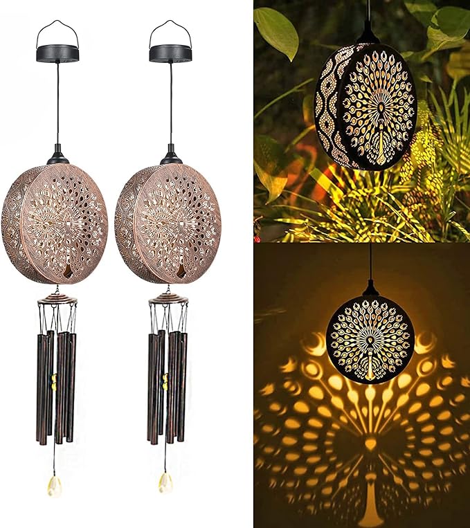 2 Pack Solar Wind Chimes for Outside, 43" Peacock Hanging Wind Chime Lantern with Wire, Deep Tone Memorial Wind Chime Decoration for Home, Patio, Garden, Yard, Multicolour Wind Chimes Gifts