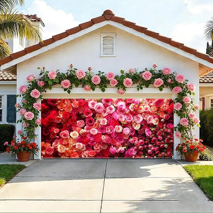 Rose Valentine Garage Door Banner 157.5x70.9in Large Floral Garage Door Cover for Outdoor Love Decorations House Exterior Yard Party Decor with Grommets and Rope