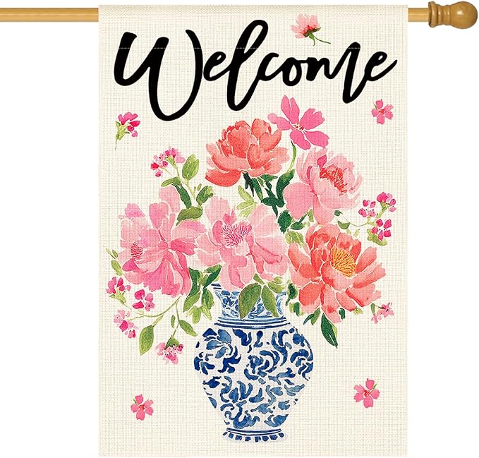 AVOIN colorlife Pink Peony Spring Floral House Flag 28x40 Inch Double Sided Outside, Blue and White Chinoiserie Seasonal Welcome Yard Outdoor Flag