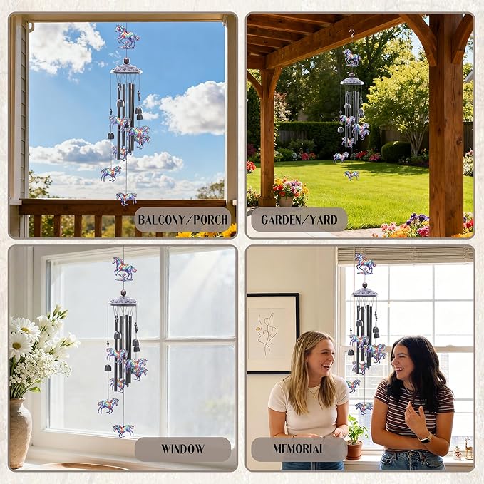 Horse Decor Wind Chimes - Metal Windchime Outdoors for Garden Backyard Patio Indoor Balcony Waterproof Hanging Decoration Birthday Gift for Animal Lover Women Men Mom Grandma Wife Friends