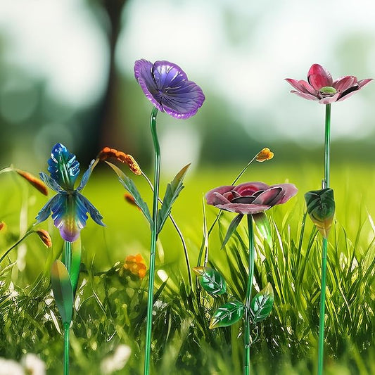 28.5" H Large Flower Stake Metal Decoration for Garden Set of 4, Plant Pick Art Ornaments Waterproof Stake for Lawn Porch Pathway Patio Flower Bed, Yard Outdoor Ornaments(Red & Purple & Blue)