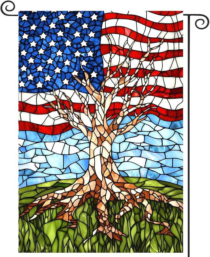 Patriotic American Garden Flag Stained Glass Tree Life Yard Flags for Outside 12x18 Double Sided Small 250 Anniversary USA 4th of July Independence Memorial Day Decor