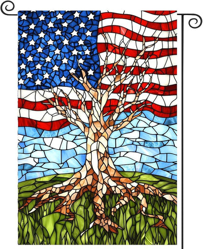 Patriotic American Garden Flag Stained Glass Tree Life Yard Flags for Outside 12x18 Double Sided Small 250 Anniversary USA 4th of July Independence Memorial Day Decor