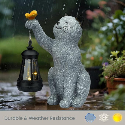 Solar Cat Garden Statue Outdoor Decor, Cat Sculpture with Lantern and Butterfly for Yard Lawn Patio Balcony, Christmas, Birthday Housewarming Gifts for Mom, Grandma, Women, 9.4 inch, Resin
