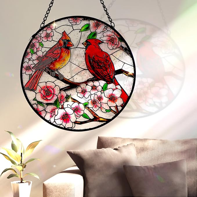 Remiawy Cardinal Stained Glass Window Hanging, 12 Inch Sun Catcher Glass Panel with Metal Chain and Hooks Suncatcher Indoor Window Wall Art Home Decor Gift for Bird Lovers Women Mother's Day Christmas