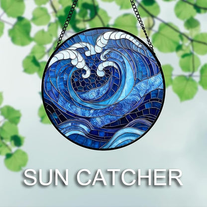 DASTOLL Stained Glass Window Hanging 4 Pcs Set Blue Ocean Waves 7.8" - Starfish Crab Seal Suncatcher Door Garden Sun Catcher Decor Birthday for Mom Woman Nana Men Friend