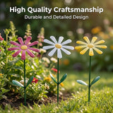 Flower Garden Stake Decor, Outdoor Plant Pick Water Proof Metal Sunflower Daisy Stick for Lawn Yard Patio, Pathway Ornament, Set of 3