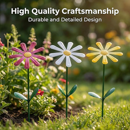 Flower Garden Stake Decor, Outdoor Plant Pick Water Proof Metal Sunflower Daisy Stick for Lawn Yard Patio, Pathway Ornament, Set of 3