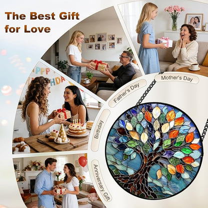 Stained Glass Window Hanging, Tree of Life Sun Catchers Glass Panel Colorful Suncatcher Decor for Birthday, Women, Men, Wife, Aunt, Lovers, Home Garden 7.8 in