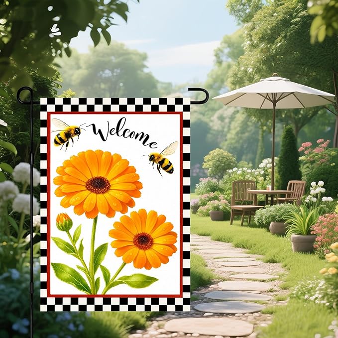 IVN Welcome Garden Flag 12x18 Inch Double Sided Spring Summer Garden Yard Flags Orange Gerbera Daisy Flowers Bees Decorative Small Flags for Outdoor Seasonal Front Door Lawn Porch Patio Decor Yard Flag
