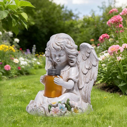 basen Solar Angel Garden Statue with Lighted Wishing Jar, Resin Outdoor Guardian Angel Figurine, Waterproof Lawn Yard Patio Decor, Memorial Sympathy Sculpture for Porch Backyard Gift