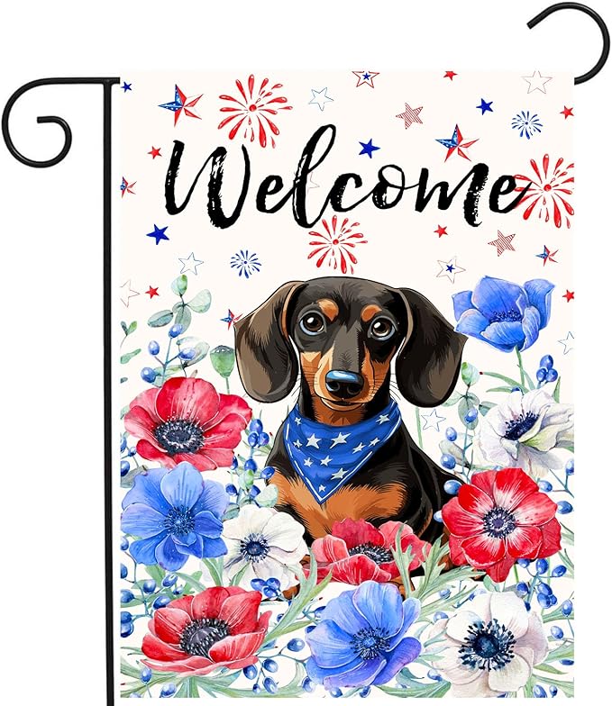4th of July Dachshund Garden Flag Red White Blue Floral Weiner Dog Yard Flags Small Memorial Independence Day Banner 12x18 Double Sided for Outside Outdoor Patriotic Decor