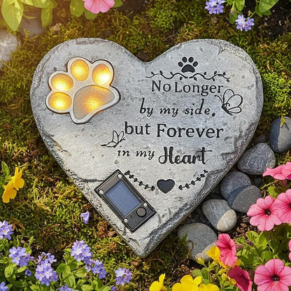 Pet Memorial Stone Solar Lighted Glowing Paw Print Heart Statue with Forever in My Heart Engraved, Pet Headstones for Dogs Cats Waterproof Resin Loss of Dog Sympathy Gift, 10 Inch