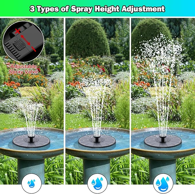 SZMP 3.5W Glass Solar Fountain with Swivel-Out Fixed Rods, Solar Bird Bath Fountains with LED Lights and 2000mAh Battery, 7 Nozzles, Outdoor Solar Water Fountain Pump for Garden, Pool, Pond (Black)