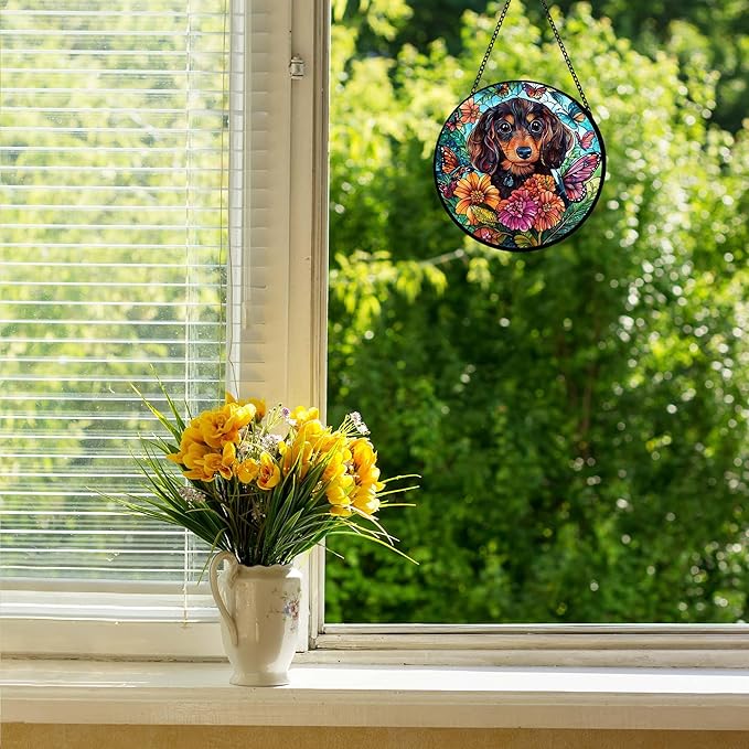 Dog Stained Glass Window Hanging Dachshund in Flowers Suncatcher Colored Glass Suncatcher for Indoor Garden Decoration Gift for Per Lover Memorial Wife Friend Family 6.3in