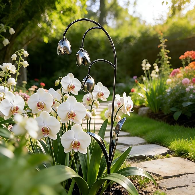 Metal Lily of The Valley Garden Sculpture,Handmade Metal Flower Garden Stake for Garden Decoration,Wrought Iron Lily of The Valley Sculpture for Patio, Pathway, Garden Decor Gift (2pc)