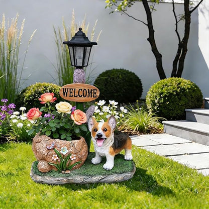 20" Solar Corgi Garden Statue with Welcome Sign & Planter - Large Dog Sculpture with LED Street Lantern - Weatherproof Resin Decorative Flower Pot for Porch, Yard & Patio - Pet Lover Gift